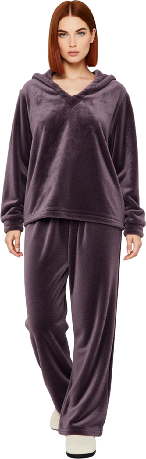 Kadın Yumuşak Peluş Kapüşonlu Pijama Takımı Fonksiyonel Dayanıklı Kaliteli Konforlu Modern