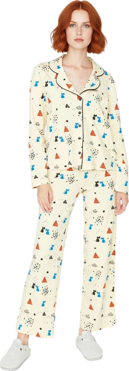 Kadin Baskılı Gömlek Yaka Pijama Takımı Fonksiyonel Dayanıklı Kaliteli Konforlu Estetik Şık
