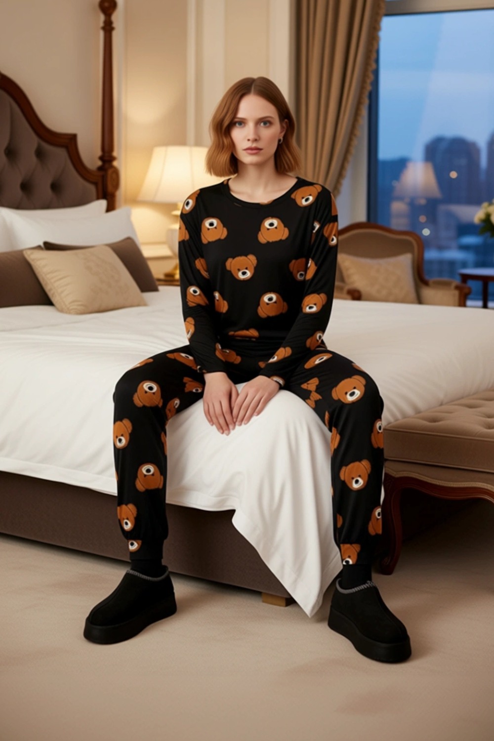 Kadın Ayıcık Desenli Pijama Takımı Bisiklet Yaka Uzun Kollu Fonksiyonel Dayanıklı Kaliteli