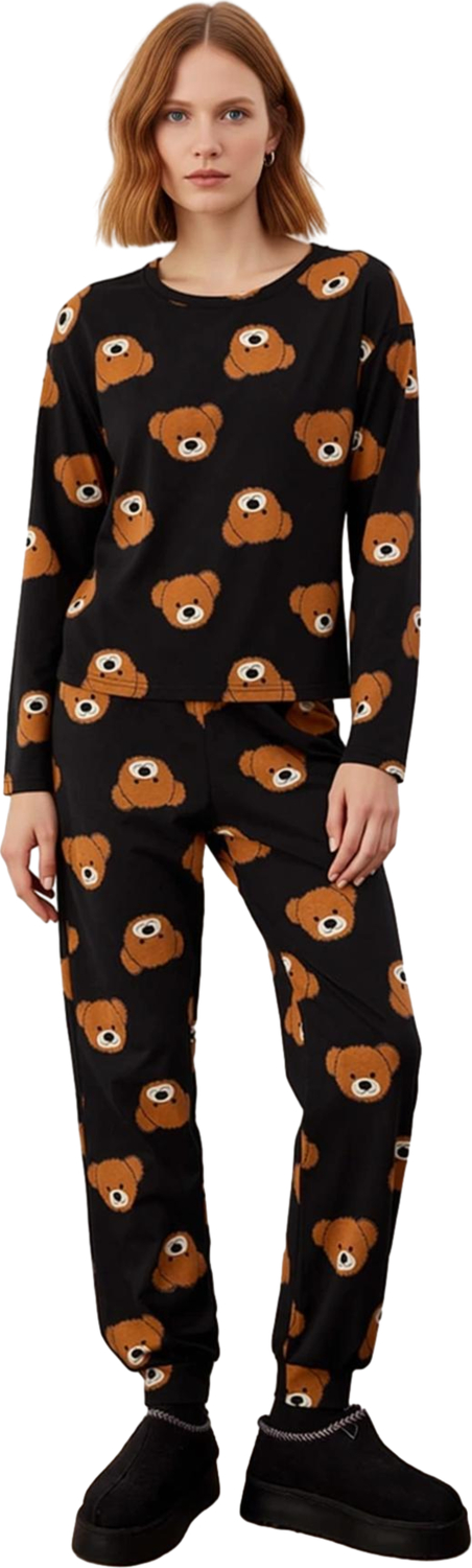 Kadın Ayıcık Desenli Pijama Takımı Bisiklet Yaka Uzun Kollu Fonksiyonel Dayanıklı Kaliteli