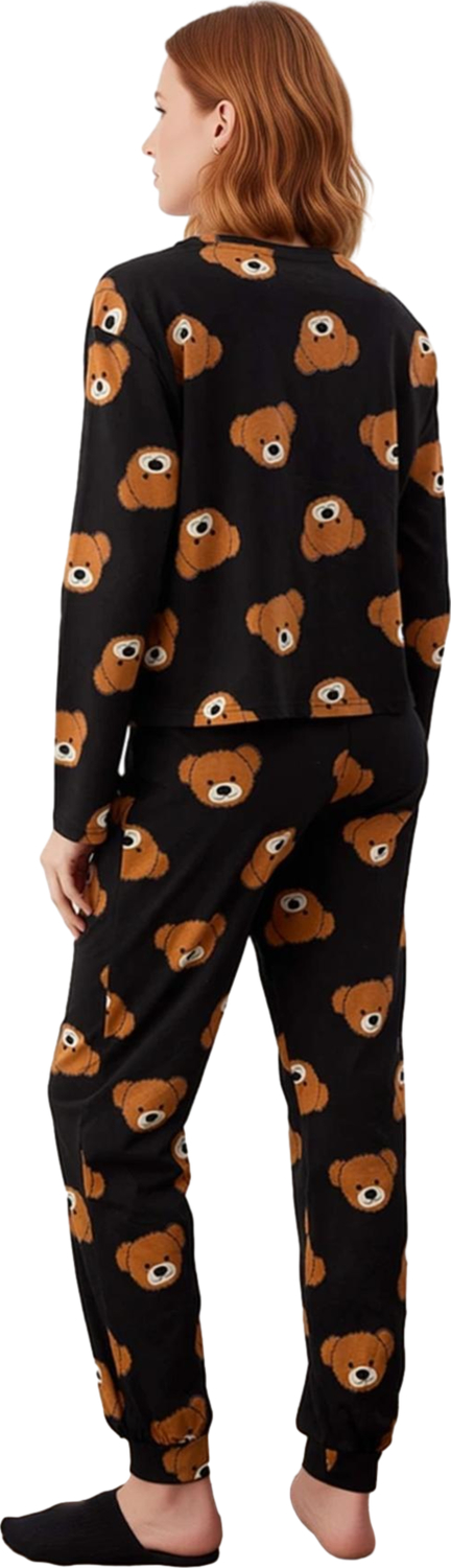 Kadın Ayıcık Desenli Pijama Takımı Bisiklet Yaka Uzun Kollu Fonksiyonel Dayanıklı Kaliteli
