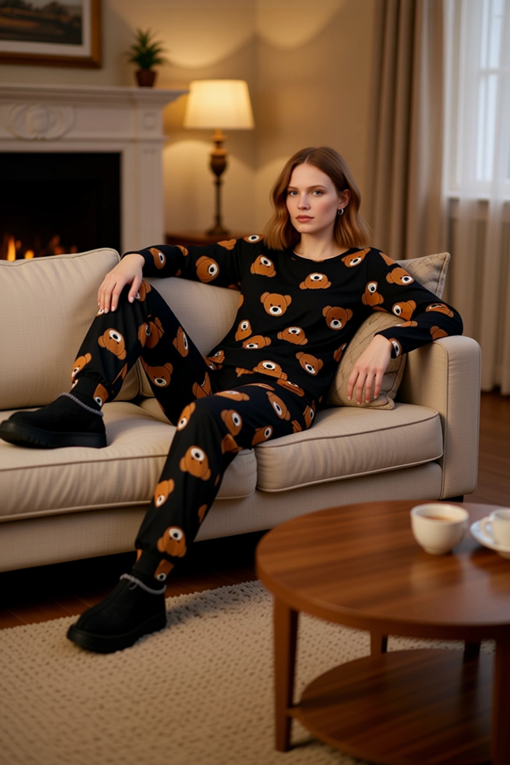 Kadın Ayıcık Desenli Pijama Takımı Bisiklet Yaka Uzun Kollu Fonksiyonel Dayanıklı Kaliteli