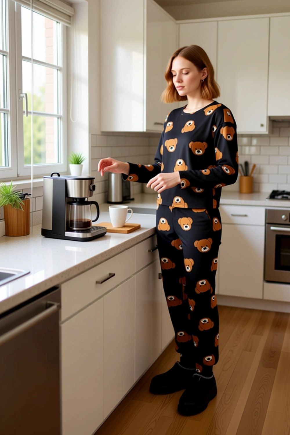 Kadın Ayıcık Desenli Pijama Takımı Bisiklet Yaka Uzun Kollu Fonksiyonel Dayanıklı Kaliteli