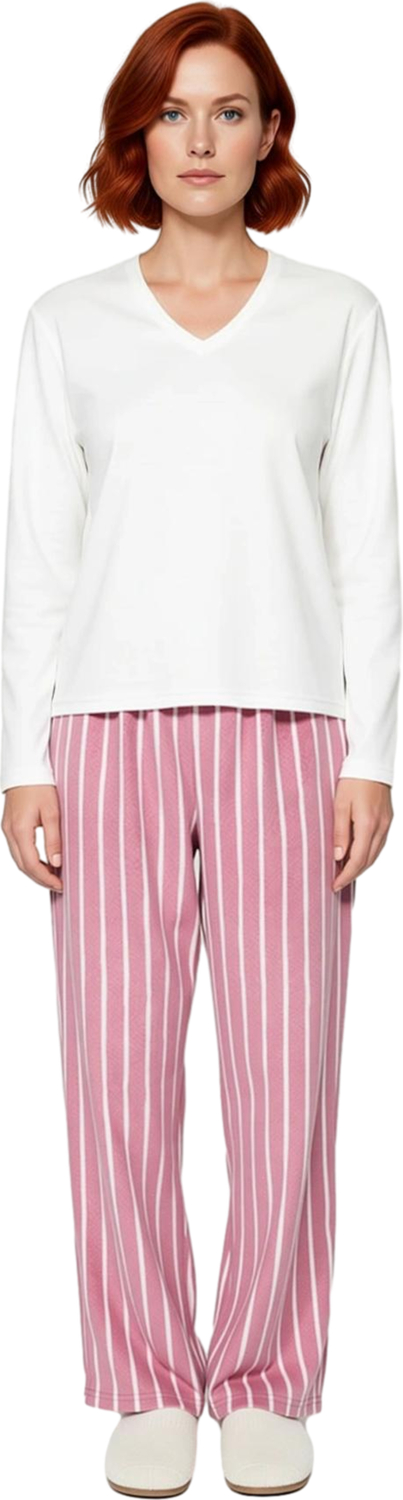 Kadın V Yaka Uzun Kollu Çizgili Polar Pijama Takımı Fonksiyonel Dayanıklı Kaliteli Estetik