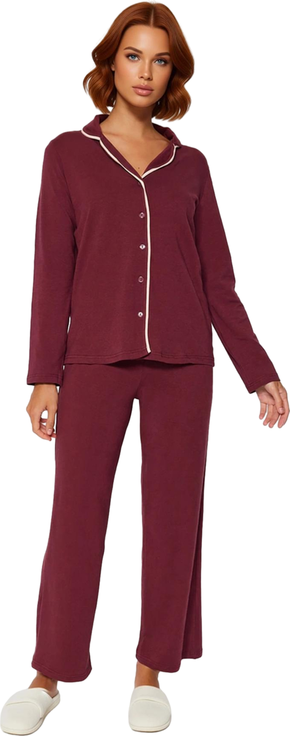 Kadın Pamuklu Gömlek Yaka Pijama Takımı Uzun Kollu Fonksiyonel Dayanıklı Kaliteli Konforlu