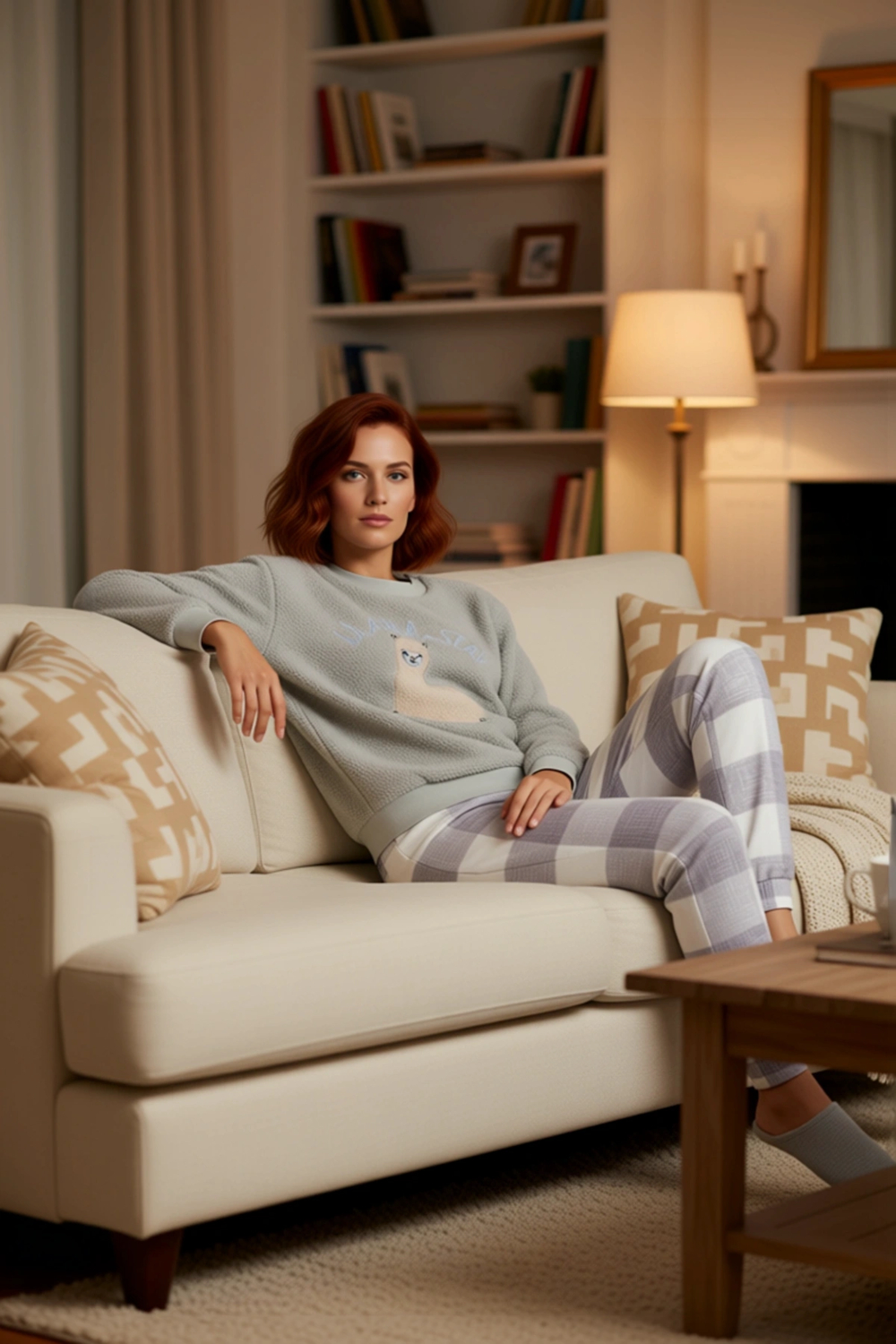 Kadın Ekose Desenli Wellsoft Pijama Takımı Lama Figürlü Fonksiyonel Dayanıklı Kaliteli Şık