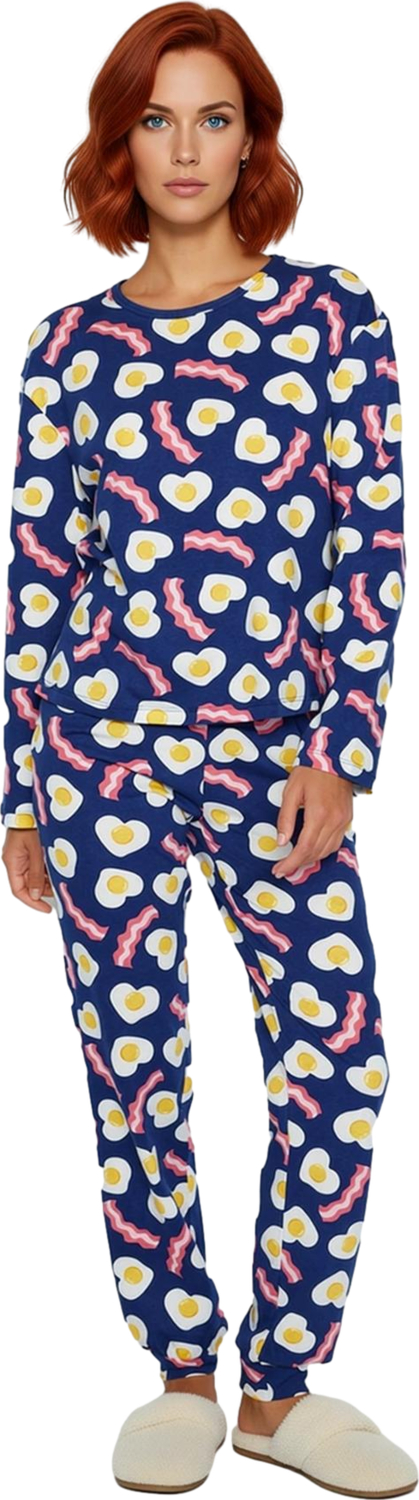 Kadin Bisiklet Yaka Uzun Kollu Pijama Takımı Kahvalti Baskılı Fonksiyonel Dayanıklı Modern