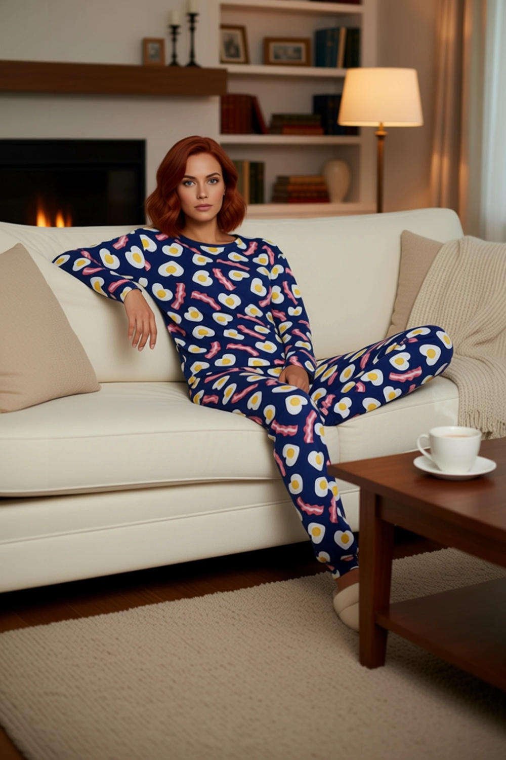 Kadin Bisiklet Yaka Uzun Kollu Pijama Takımı Kahvalti Baskılı Fonksiyonel Dayanıklı Modern