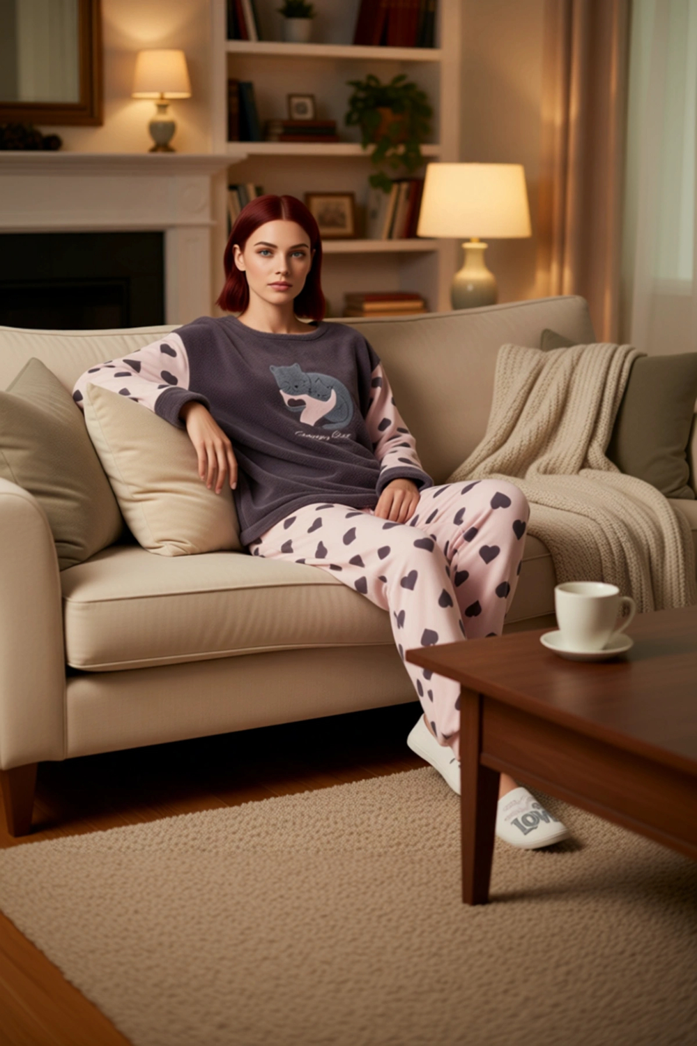 Kadın Füme Kalpli Polar Pijama Takımı Bisiklet Yaka Uzun Kollu Fonksiyonel Dayanıklı Rahat