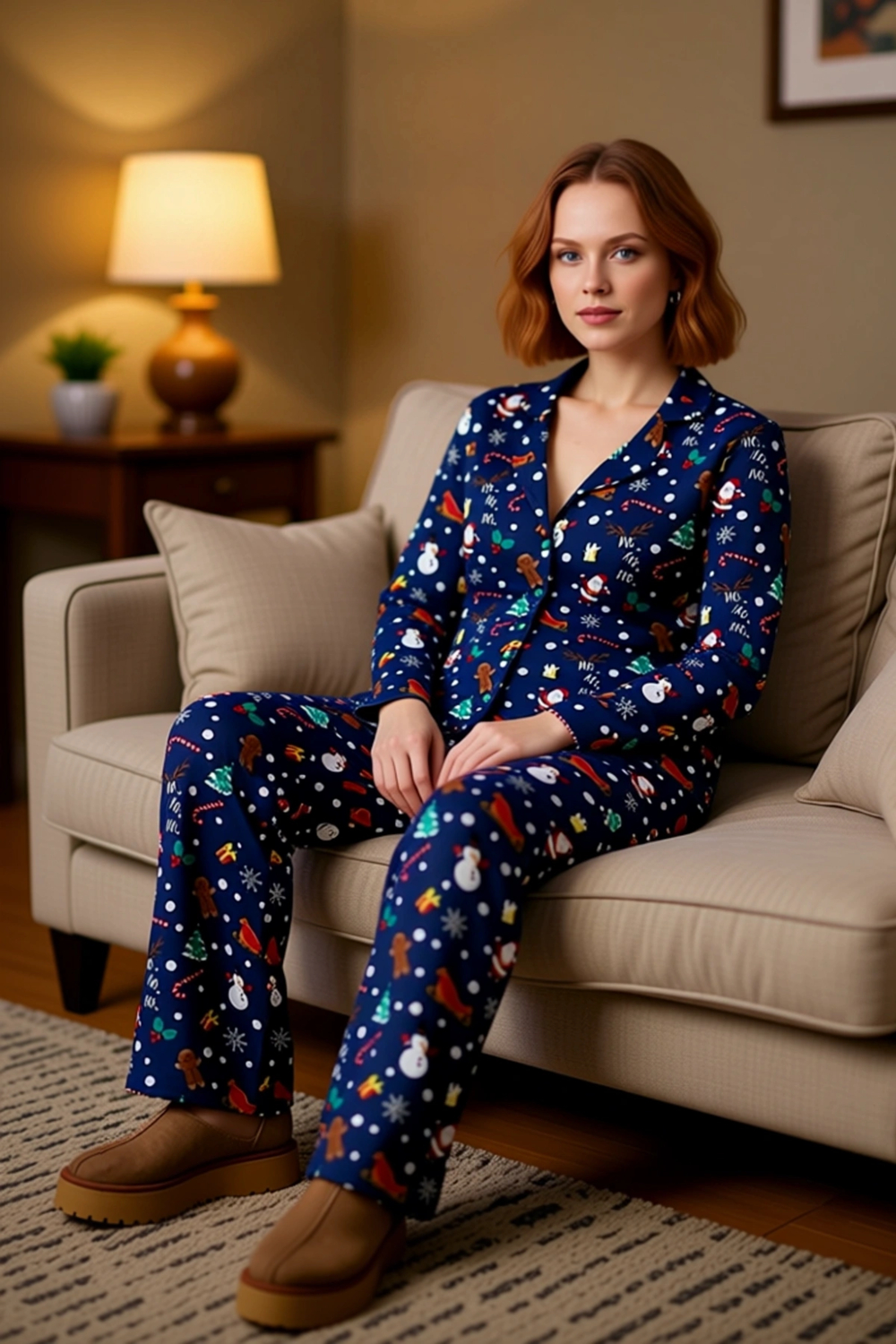 Kadın Kış Temalı Baskılı Pijama Takımı Gömlek ve Pantolon Fonksiyonel Dayanıklı Kaliteli Şık
