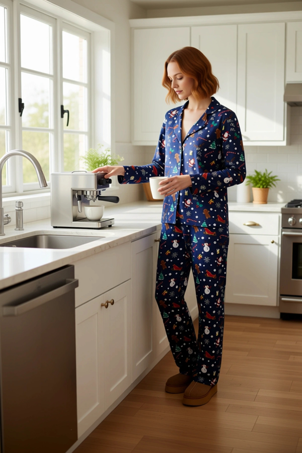 Kadın Kış Temalı Baskılı Pijama Takımı Gömlek ve Pantolon Fonksiyonel Dayanıklı Kaliteli Şık