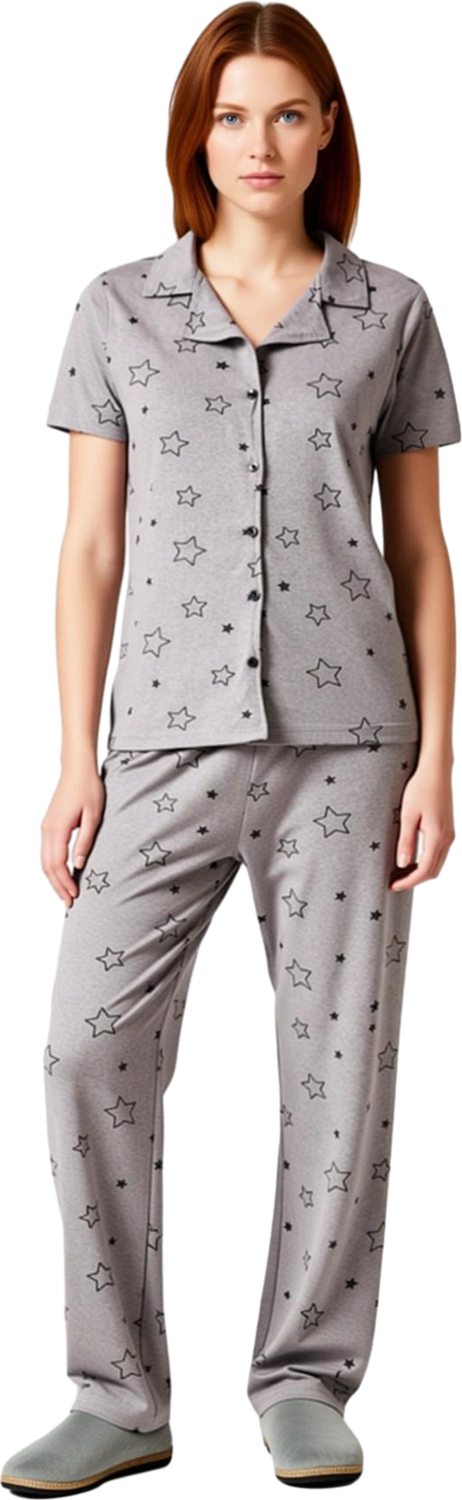 Kadın Yıldızlı Melanj Örme Pijama Takımı Gömlek Yaka Fonksiyonel Dayanıklı Kaliteli Modern
