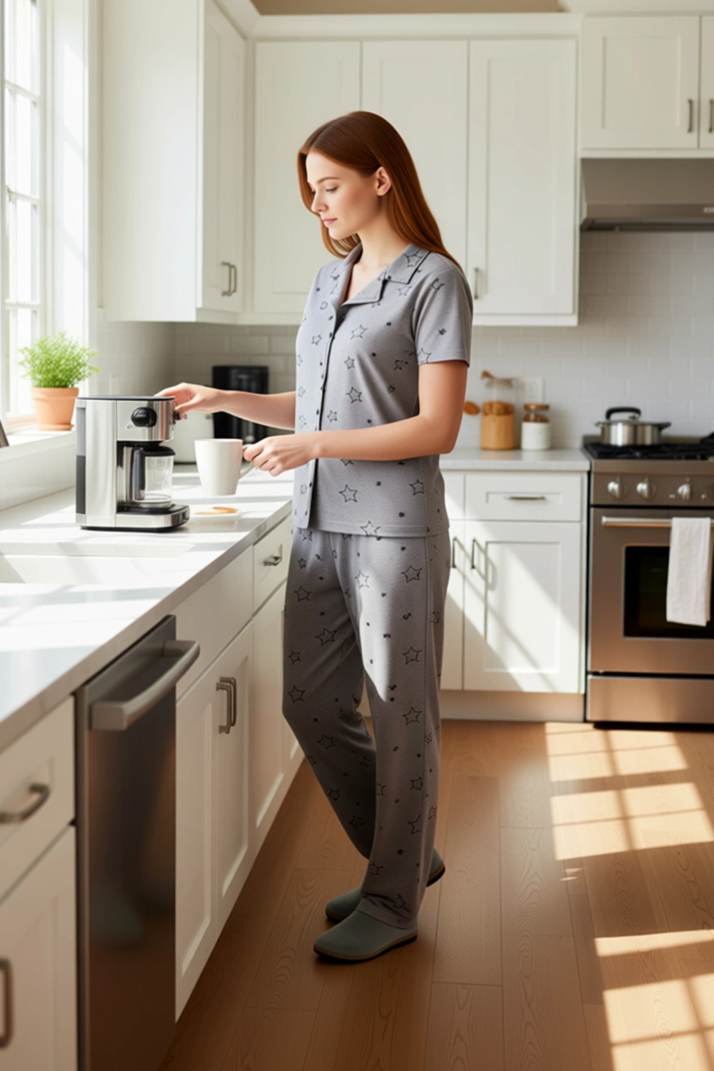 Kadın Yıldızlı Melanj Örme Pijama Takımı Gömlek Yaka Fonksiyonel Dayanıklı Kaliteli Modern