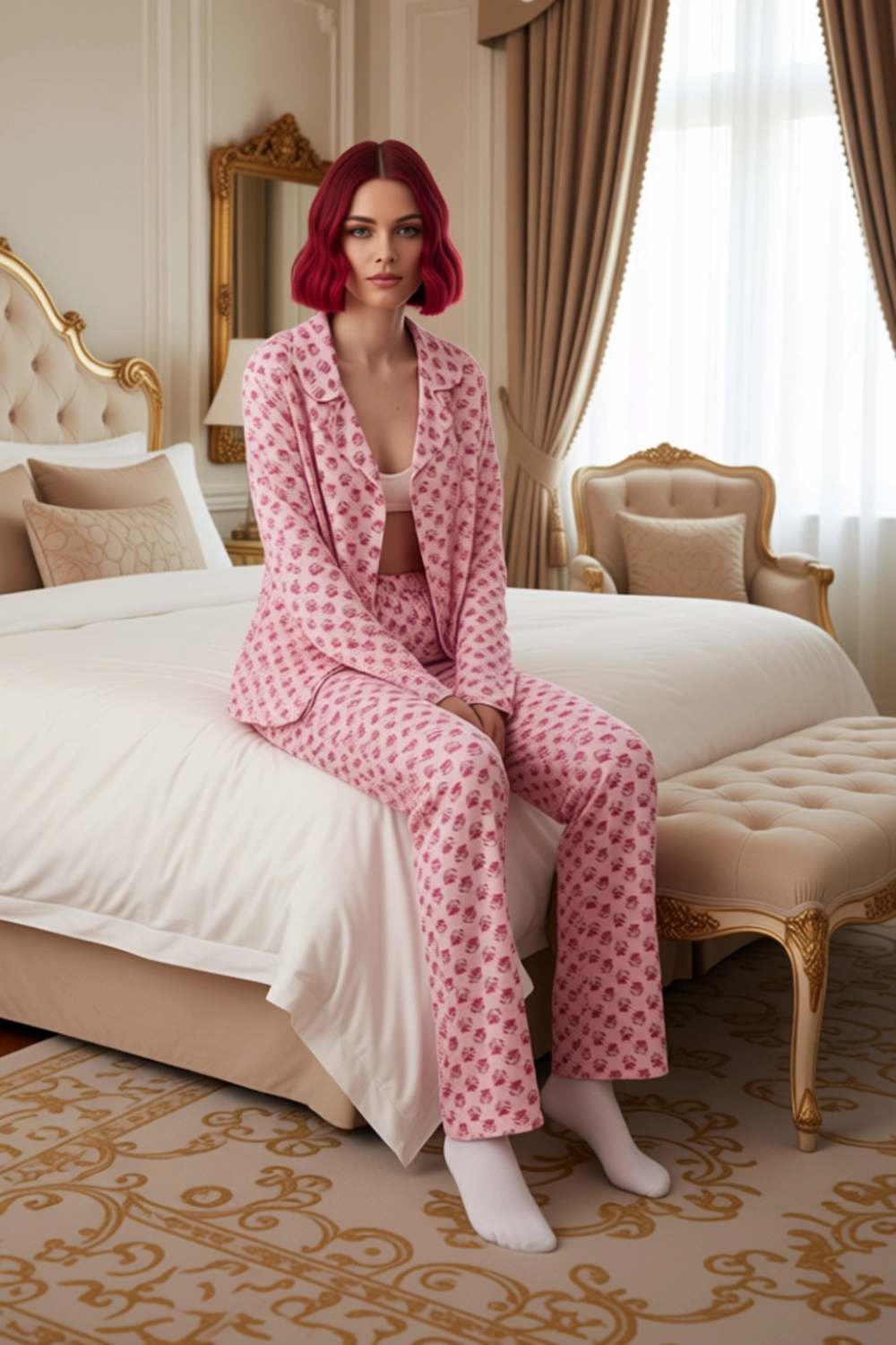 Kadın Çiçekli Gömlek ve Pantolon Pijama Takımı Fonksiyonel Dayanıklı Kaliteli Konforlu Şık
