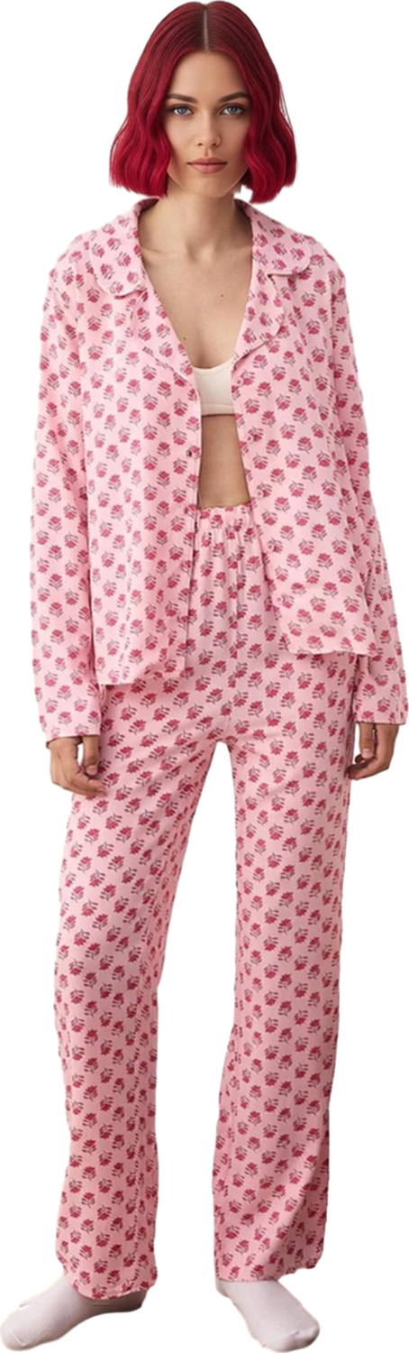 Kadın Çiçekli Gömlek ve Pantolon Pijama Takımı Fonksiyonel Dayanıklı Kaliteli Konforlu Şık