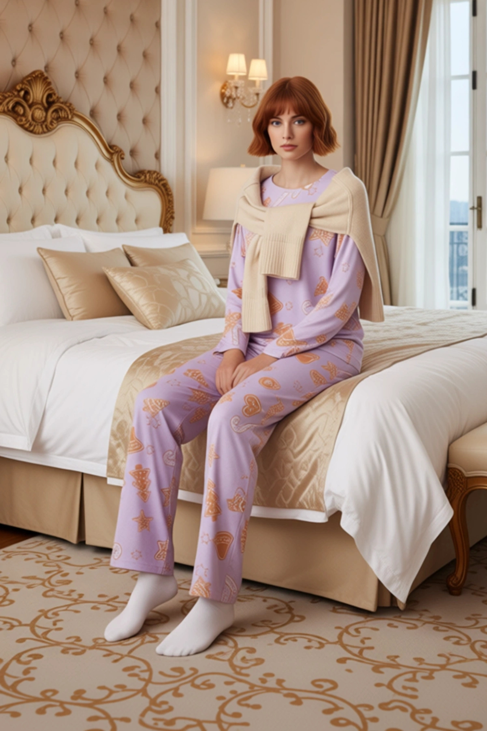 Kadın Yılbaşı Desenli Pamuklu Pijama Takımı Fonksiyonel Dayanıklı Kaliteli Konforlu Modern