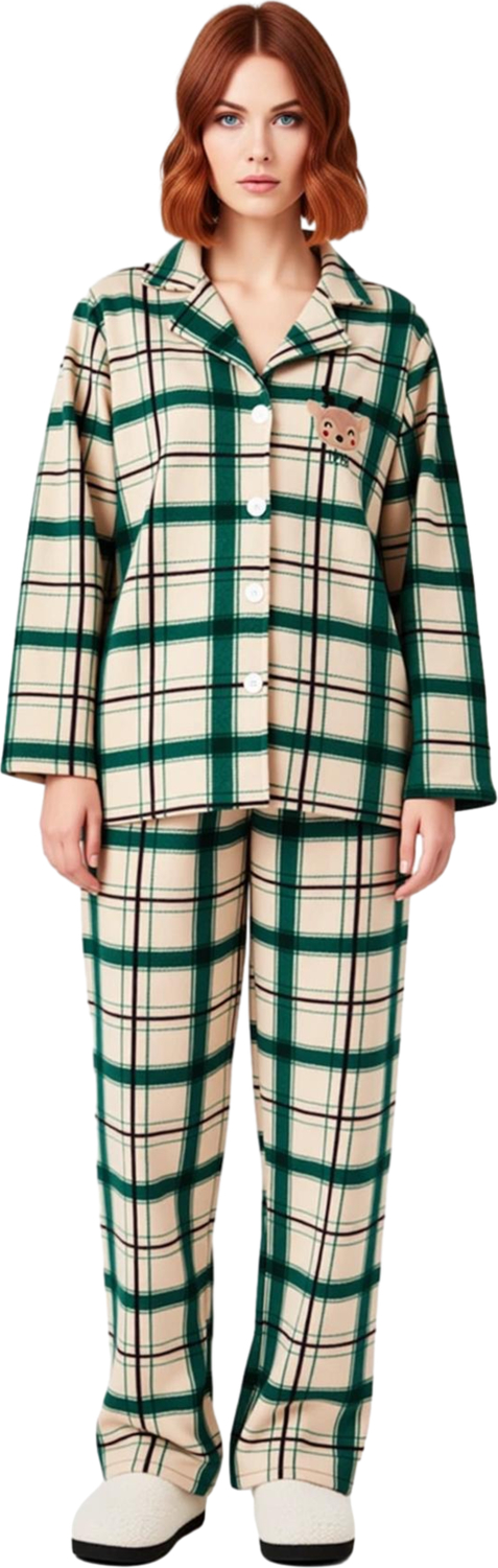 Kadın Polar Pijama Takımı Ekose Geyik Nakışlı Uzun Kollu Fonksiyonel Dayanıklı Kaliteli Şık