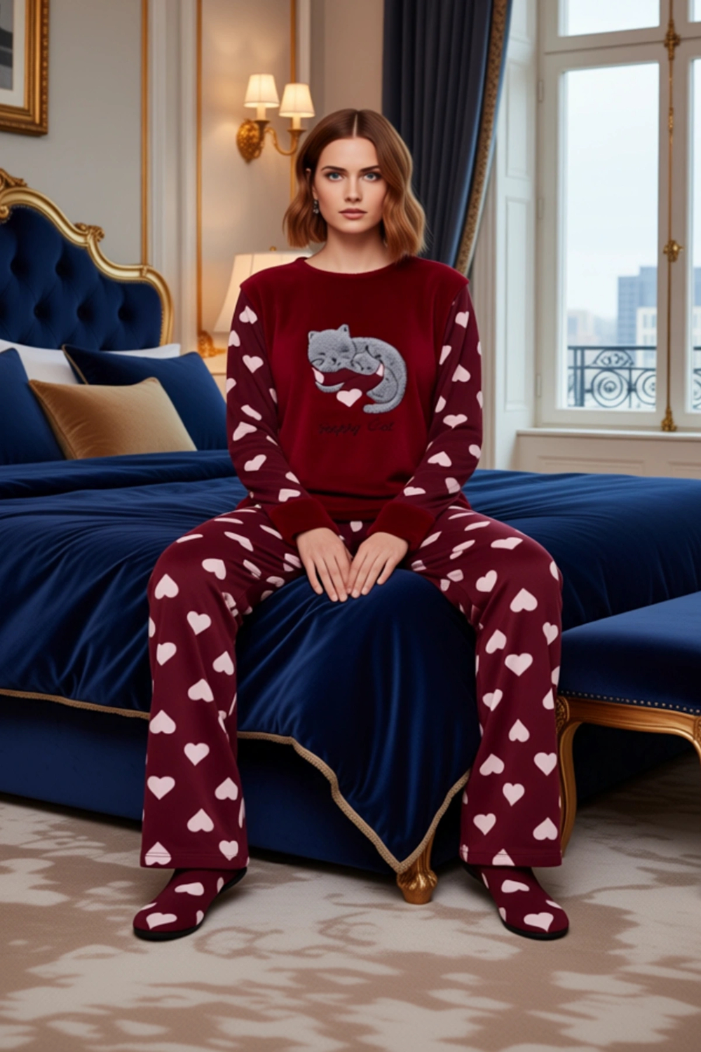 Kadın Kalpli Polar Pijama Takımı Ve Uyku Bandi Fonksiyonel Dayanıklı Kaliteli Konforlu Şık
