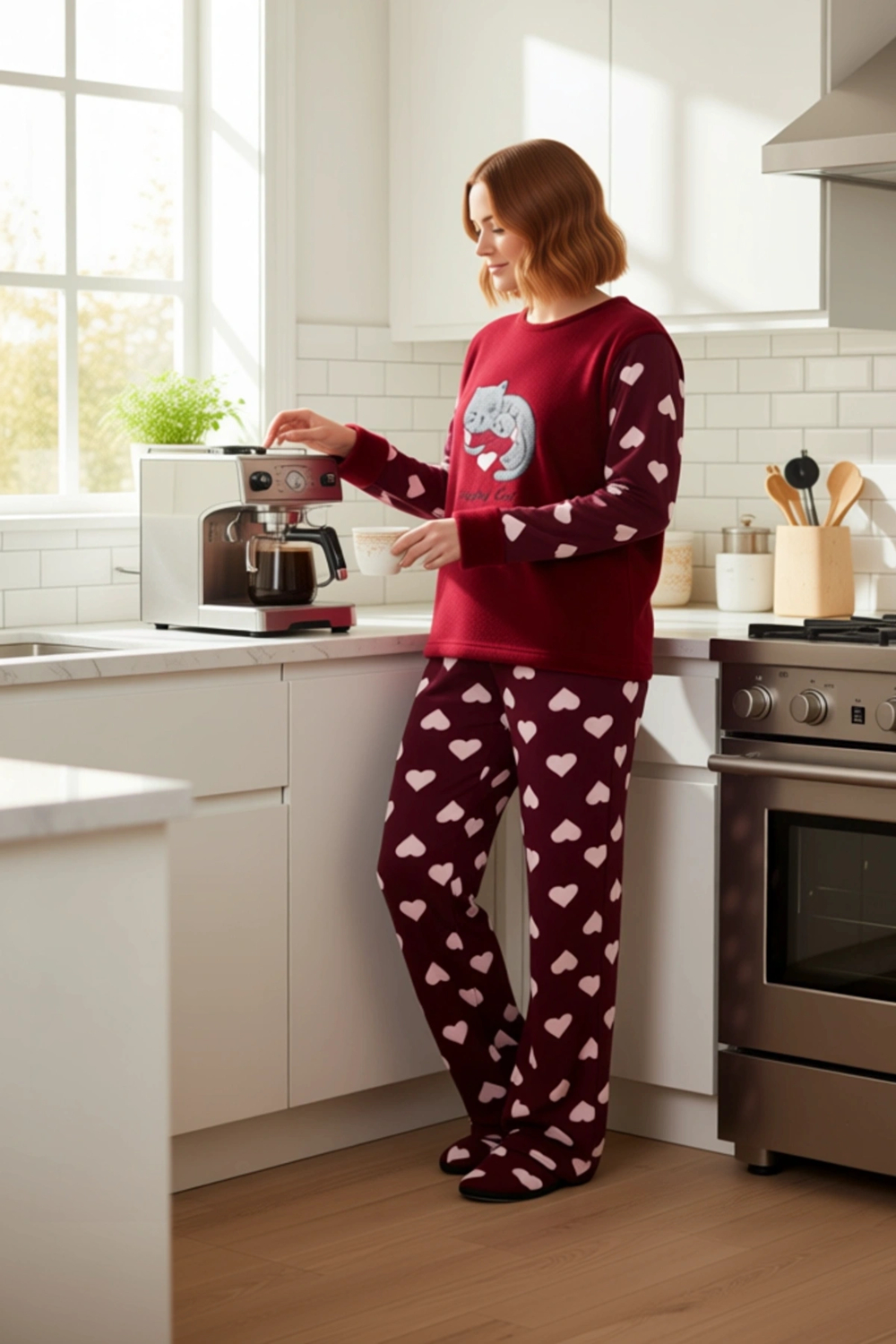 Kadın Kalpli Polar Pijama Takımı Ve Uyku Bandi Fonksiyonel Dayanıklı Kaliteli Konforlu Şık