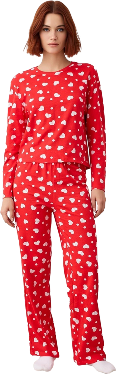 Kadın Kirmizi Kalpli Pijama Takımı Fonksiyonel Dayanıklı Kaliteli Konforlu Estetik Premium