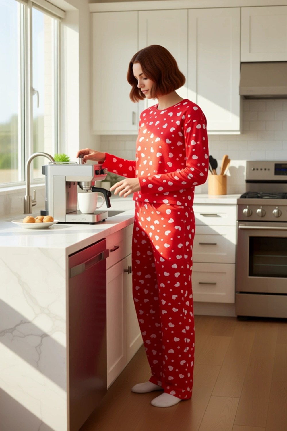 Kadın Kirmizi Kalpli Pijama Takımı Fonksiyonel Dayanıklı Kaliteli Konforlu Estetik Premium