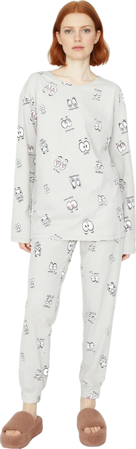 Kadın Karikatür Göz Baskılı Uzun Kollu Pijama Takımı Fonksiyonel Dayanıklı Kaliteli Modern