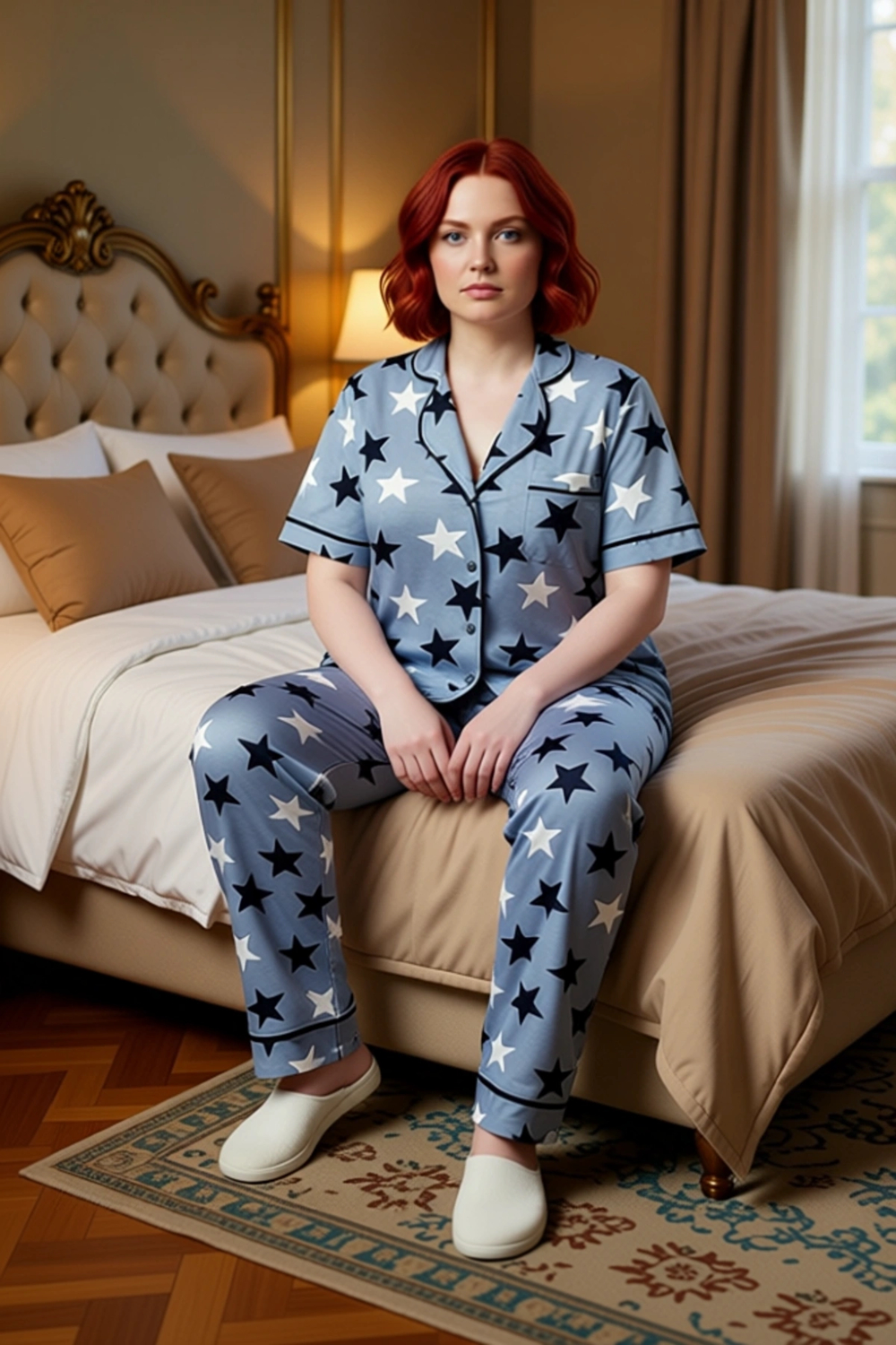 Kadin Yıldız Desenli Pijama Takımı Gömlek Yaka Fonksiyonel Dayanıklı Kaliteli Konforlu Şık