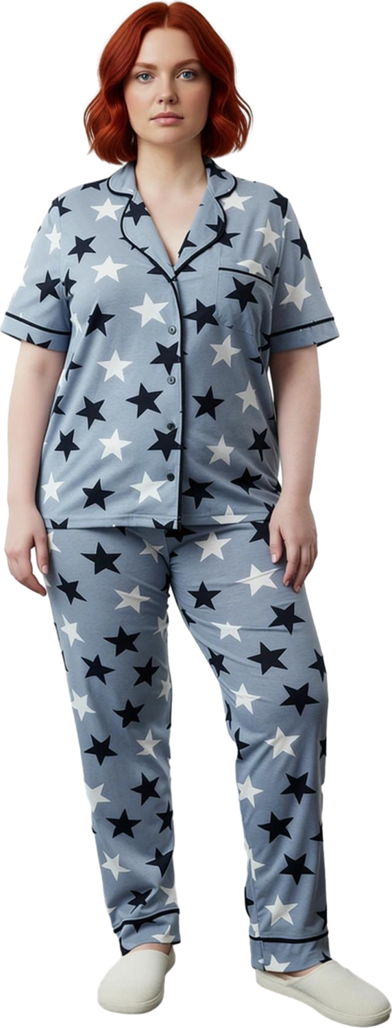 Kadin Yıldız Desenli Pijama Takımı Gömlek Yaka Fonksiyonel Dayanıklı Kaliteli Konforlu Şık