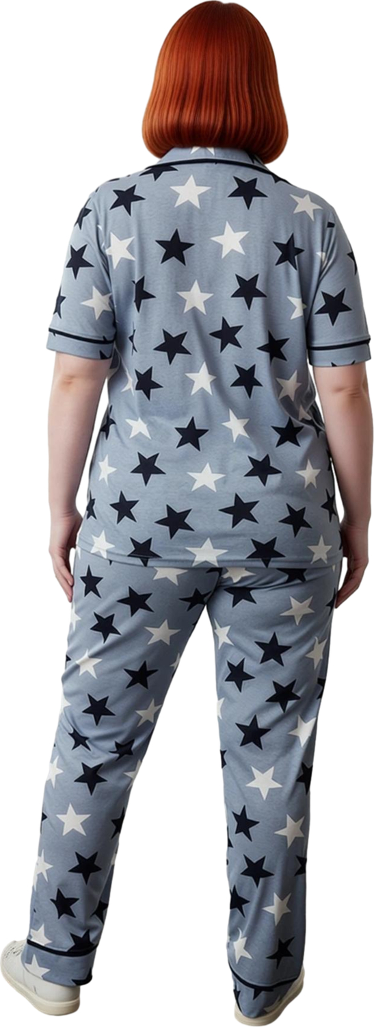 Kadin Yıldız Desenli Pijama Takımı Gömlek Yaka Fonksiyonel Dayanıklı Kaliteli Konforlu Şık