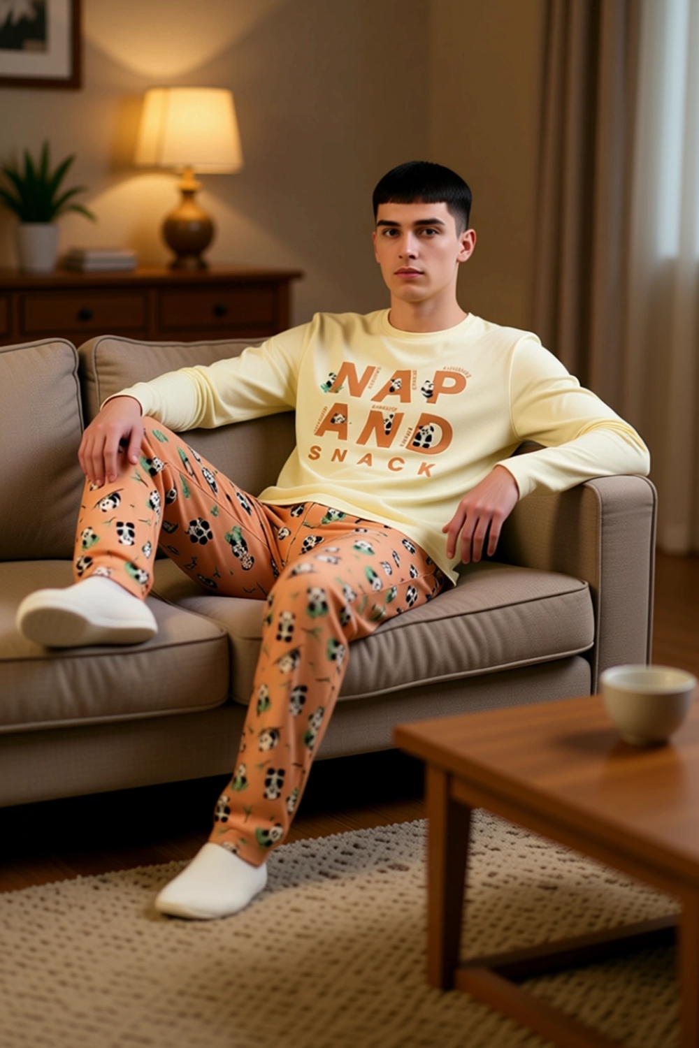 Kız Çocuk Panda Baskılı Bisiklet Yaka Uzun Kollu Pijama Takımı Fonksiyonel Dayanıklı Rahat