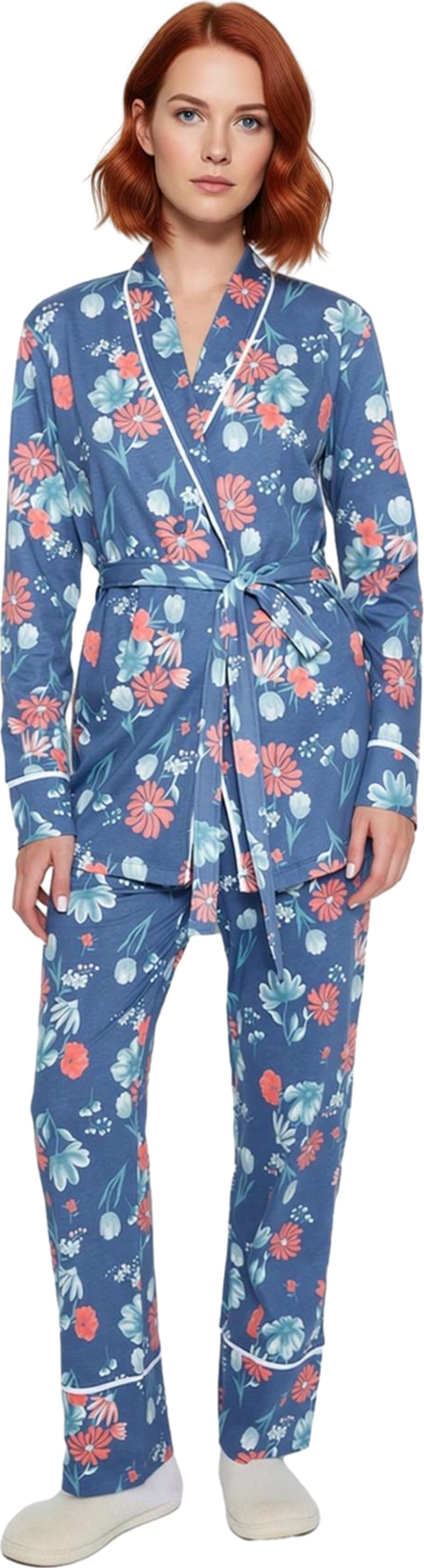 Kadın Çiçek Desenli V Yaka Uzun Kollu Pijama Takımı Fonksiyonel Dayanıklı Kaliteli Estetik