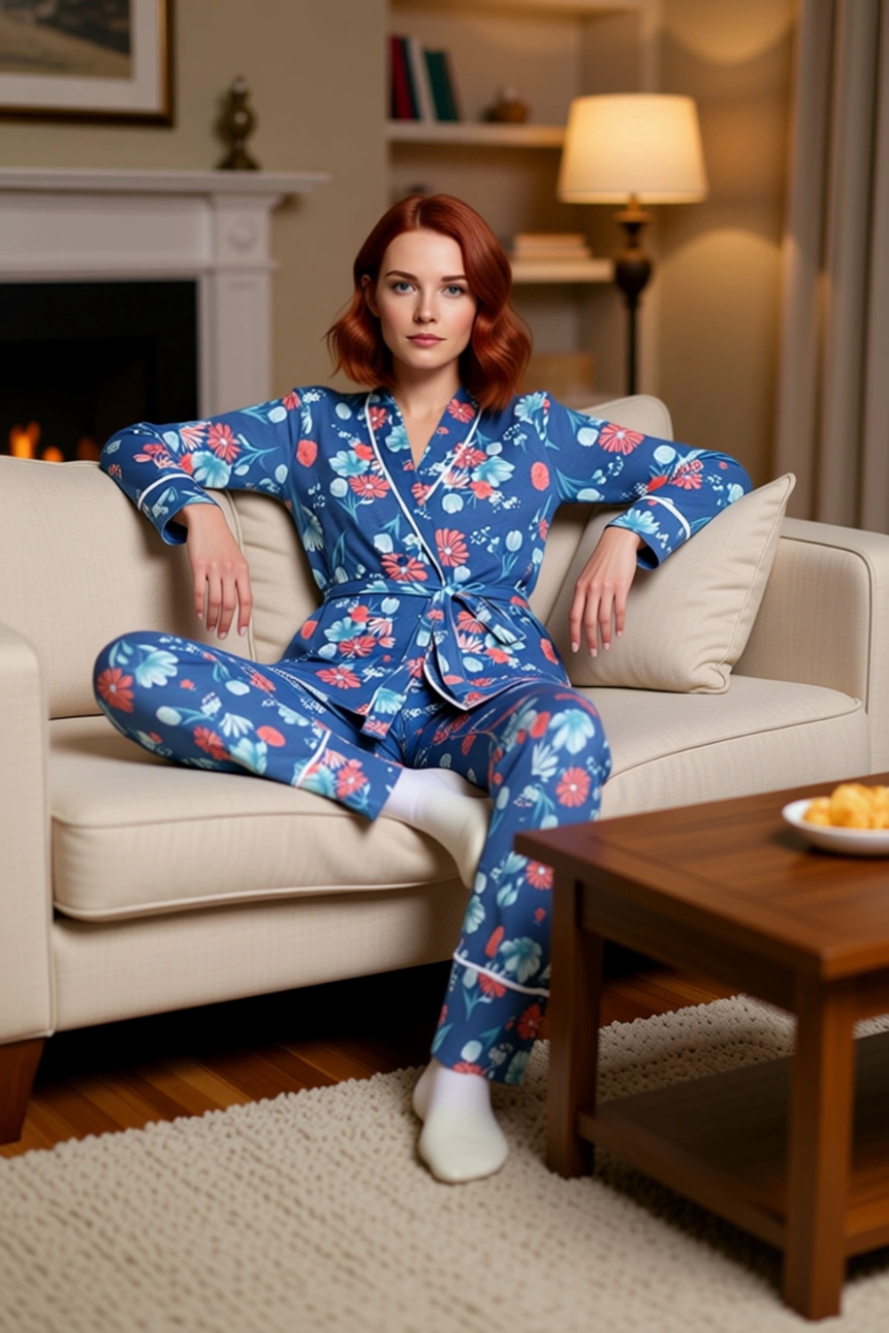 Kadın Çiçek Desenli V Yaka Uzun Kollu Pijama Takımı Fonksiyonel Dayanıklı Kaliteli Estetik