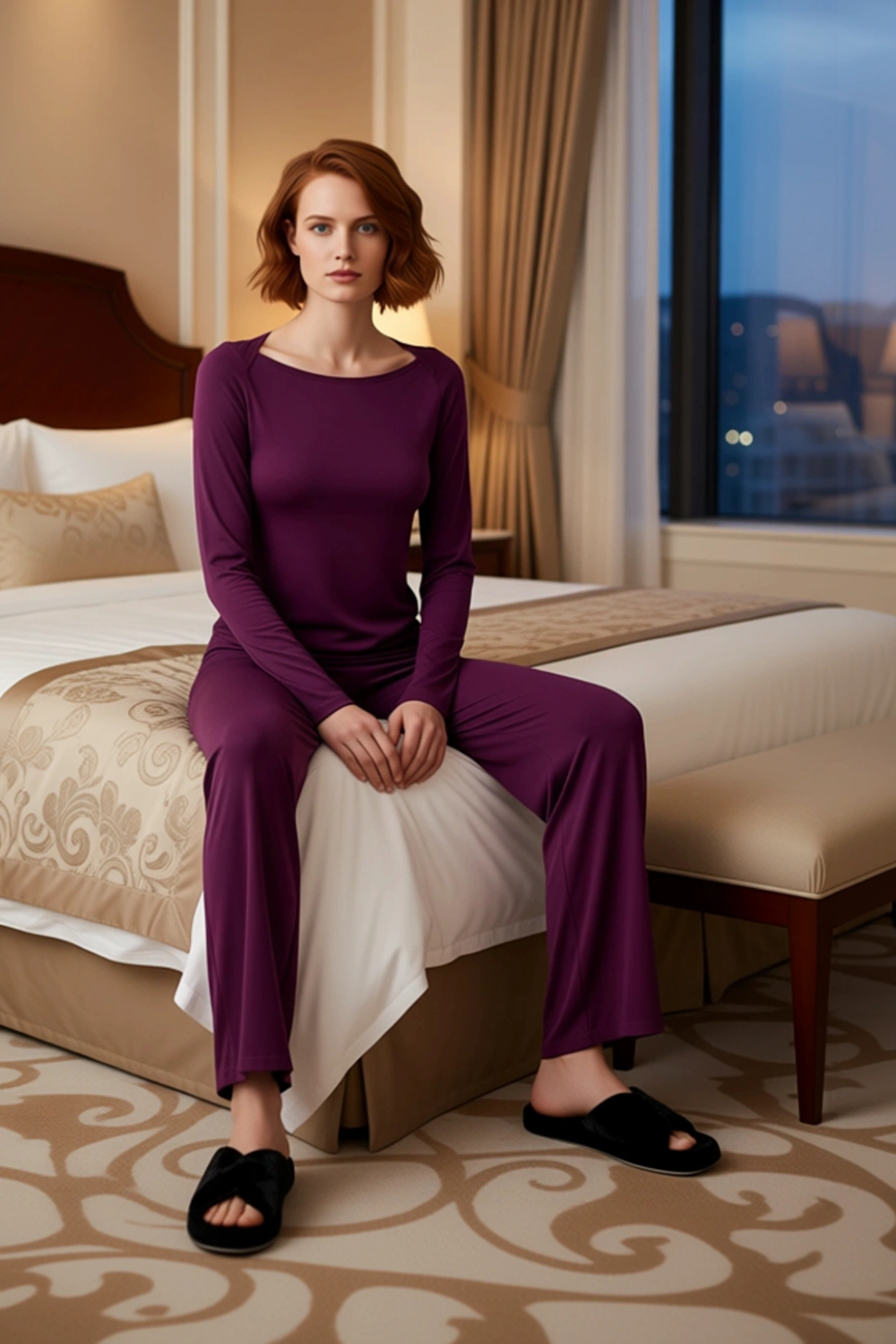 Kadın Mürdüm Viskoz Elastan Pijama Takımı Kayık Yaka Regular Kesim Fonksiyonel Dayanıklı Şık