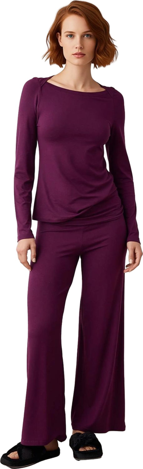 Kadın Mürdüm Viskoz Elastan Pijama Takımı Kayık Yaka Regular Kesim Fonksiyonel Dayanıklı Şık