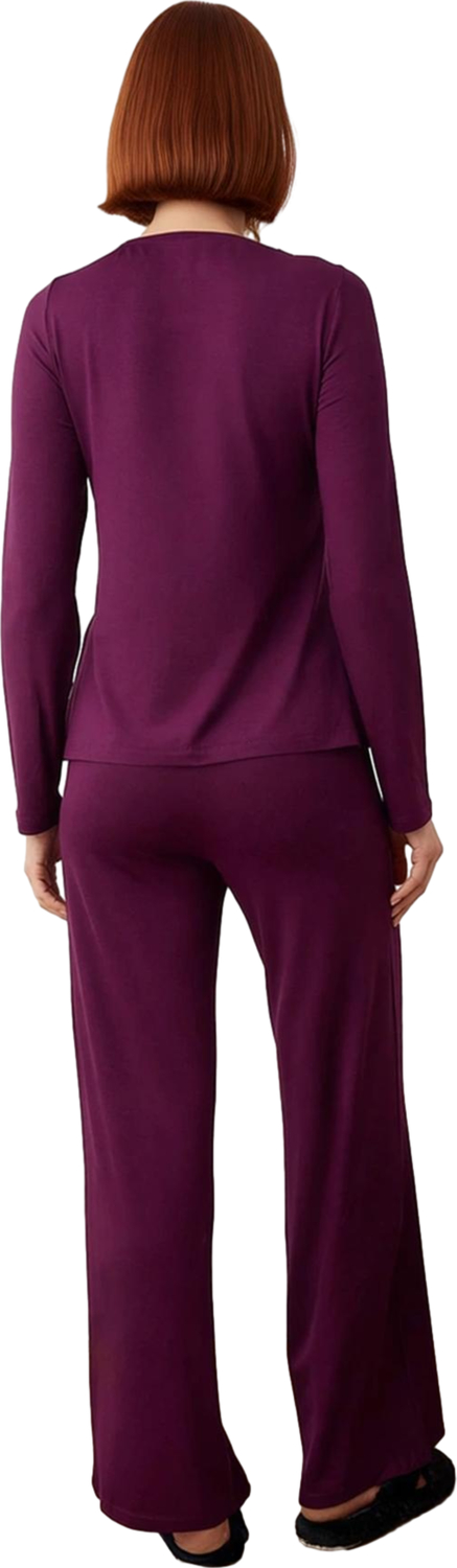 Kadın Mürdüm Viskoz Elastan Pijama Takımı Kayık Yaka Regular Kesim Fonksiyonel Dayanıklı Şık