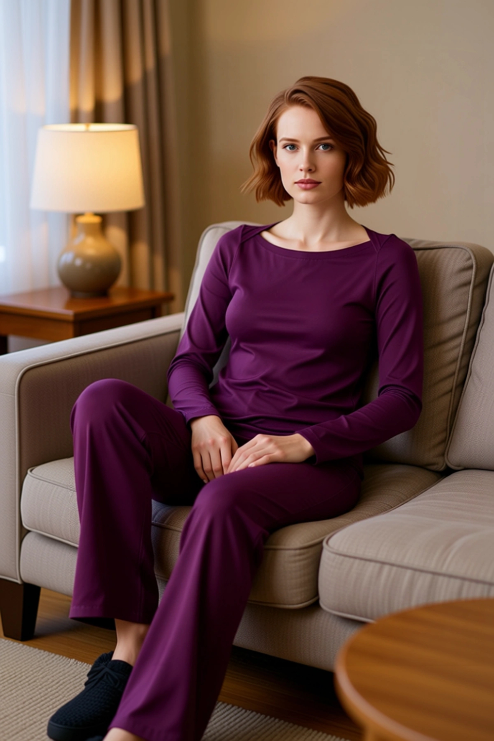 Kadın Mürdüm Viskoz Elastan Pijama Takımı Kayık Yaka Regular Kesim Fonksiyonel Dayanıklı Şık