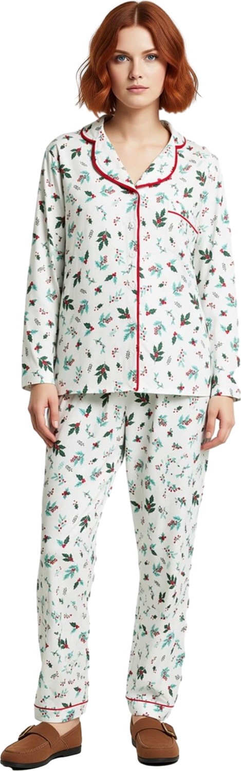 Kadın Çiçekli Yılbaşı Temalı Pijama Takımı Fonksiyonel Dayanıklı Kaliteli Konforlu Estetik