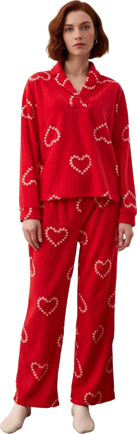 Kadin Kirmizi Polar Pijama Takımı Kalp Desenli Fonksiyonel Dayanıklı Kaliteli Konforlu Şık