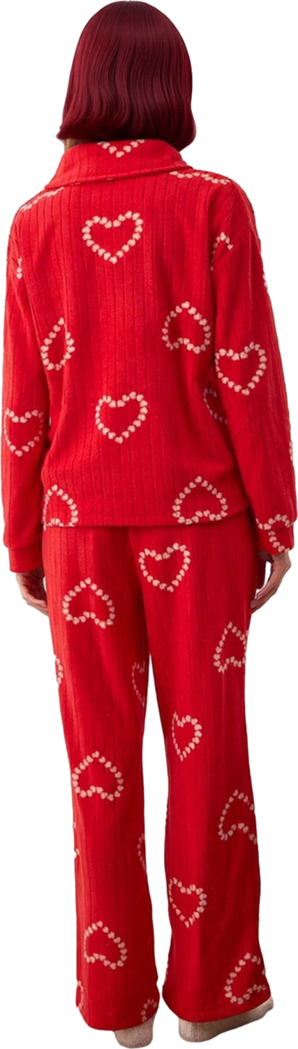 Kadin Kirmizi Polar Pijama Takımı Kalp Desenli Fonksiyonel Dayanıklı Kaliteli Konforlu Şık