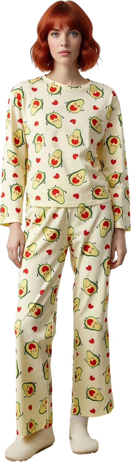 Kadın Avokado ve Kalp Baskılı Pijama Takımı Fonksiyonel Dayanıklı Kaliteli Konforlu Modern