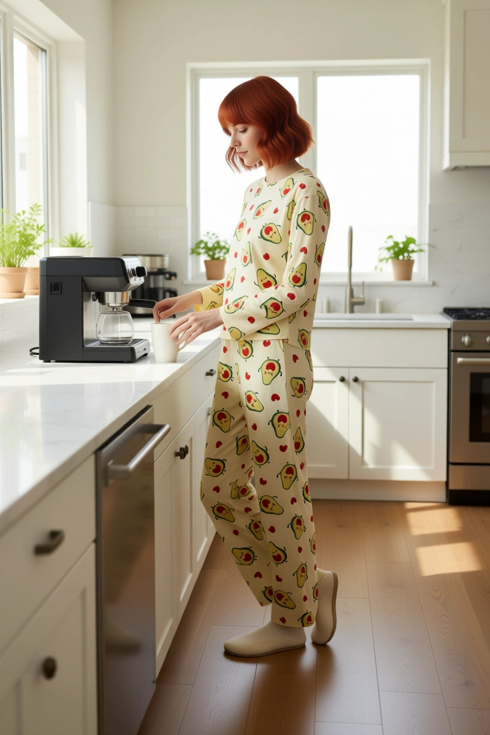 Kadın Avokado ve Kalp Baskılı Pijama Takımı Fonksiyonel Dayanıklı Kaliteli Konforlu Modern