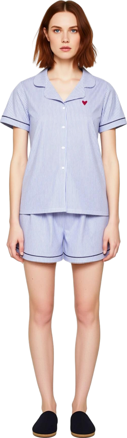 Kadın Çizgili Gömlek Yaka Pijama Takımı Kalp Detaylı Fonksiyonel Dayanıklı Kaliteli Modern