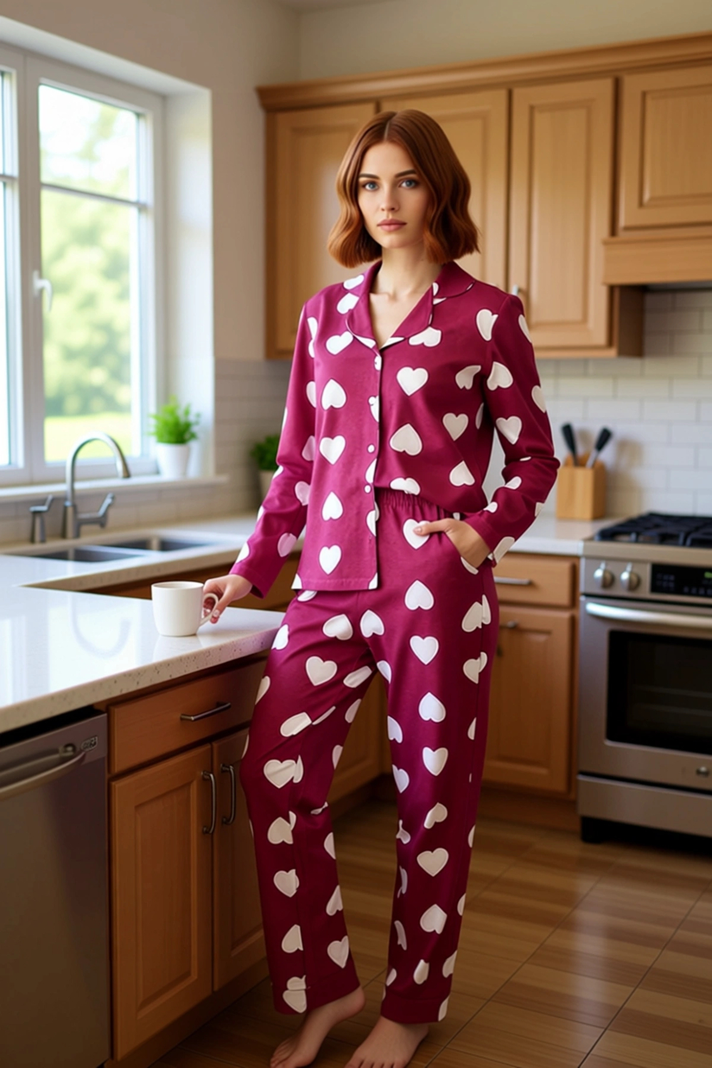 Kalpli Mürdüm Kadın Pijama Takımı Gömlek ve Pantolon Fonksiyonel Dayanıklı Kaliteli Modern