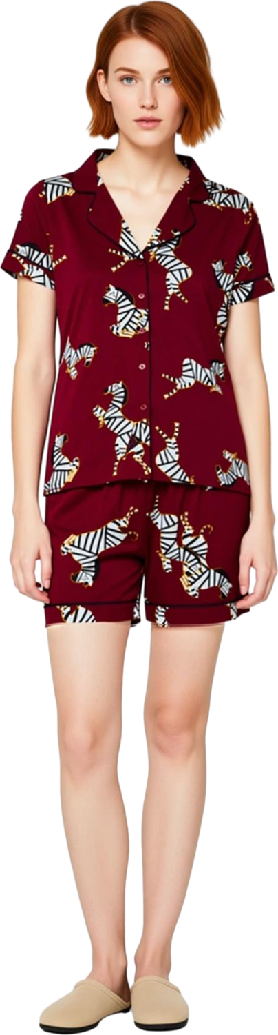 Zebra Desenli Gömlek Yaka Şortlu Kadın Pijama Takımı Fonksiyonel Dayanıklı Kaliteli Modern