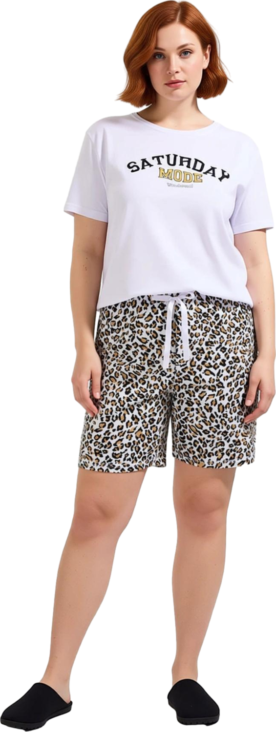 Kadın Bisiklet Yaka Kısa Kollu Leopar Şortlu Pijama Takımı Fonksiyonel Dayanıklı Kaliteli Şık