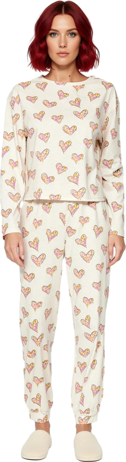 Kadın Kalpli Desenli Pijama Takımı Bisiklet Yaka Fonksiyonel Dayanıklı Kaliteli Konforlu Şık