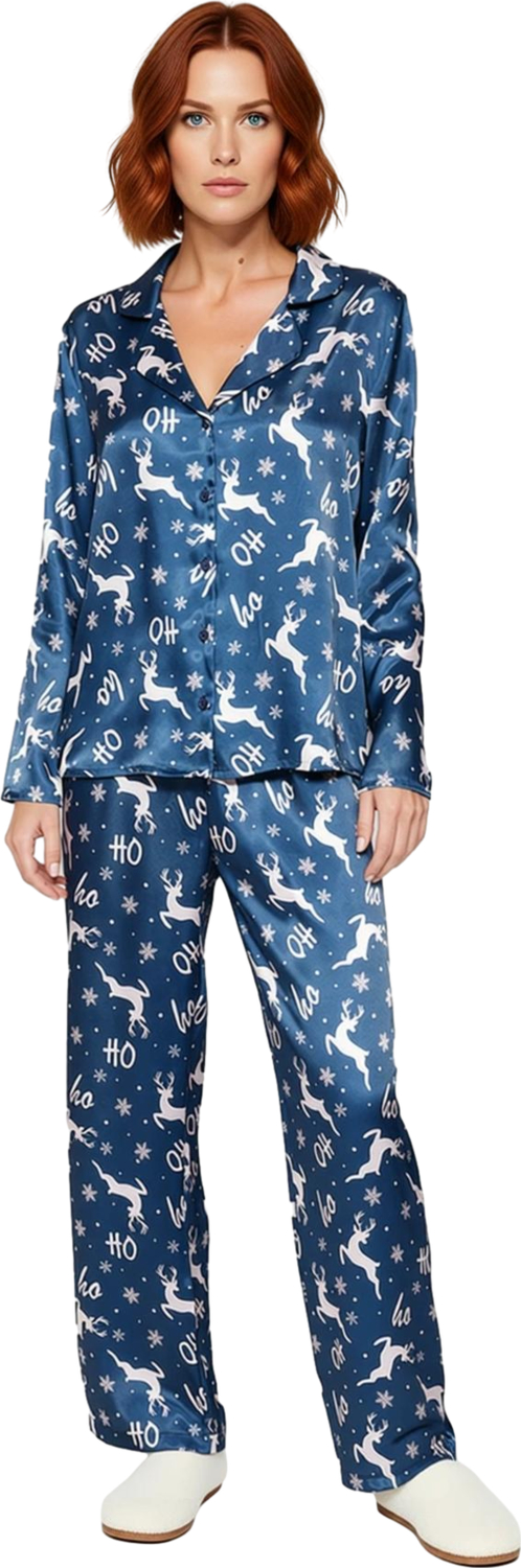 Kadın Saten Pijama Takımı Yılbaşı Temalı Çok Renkli Desen Fonksiyonel Dayanıklı Kaliteli Şık