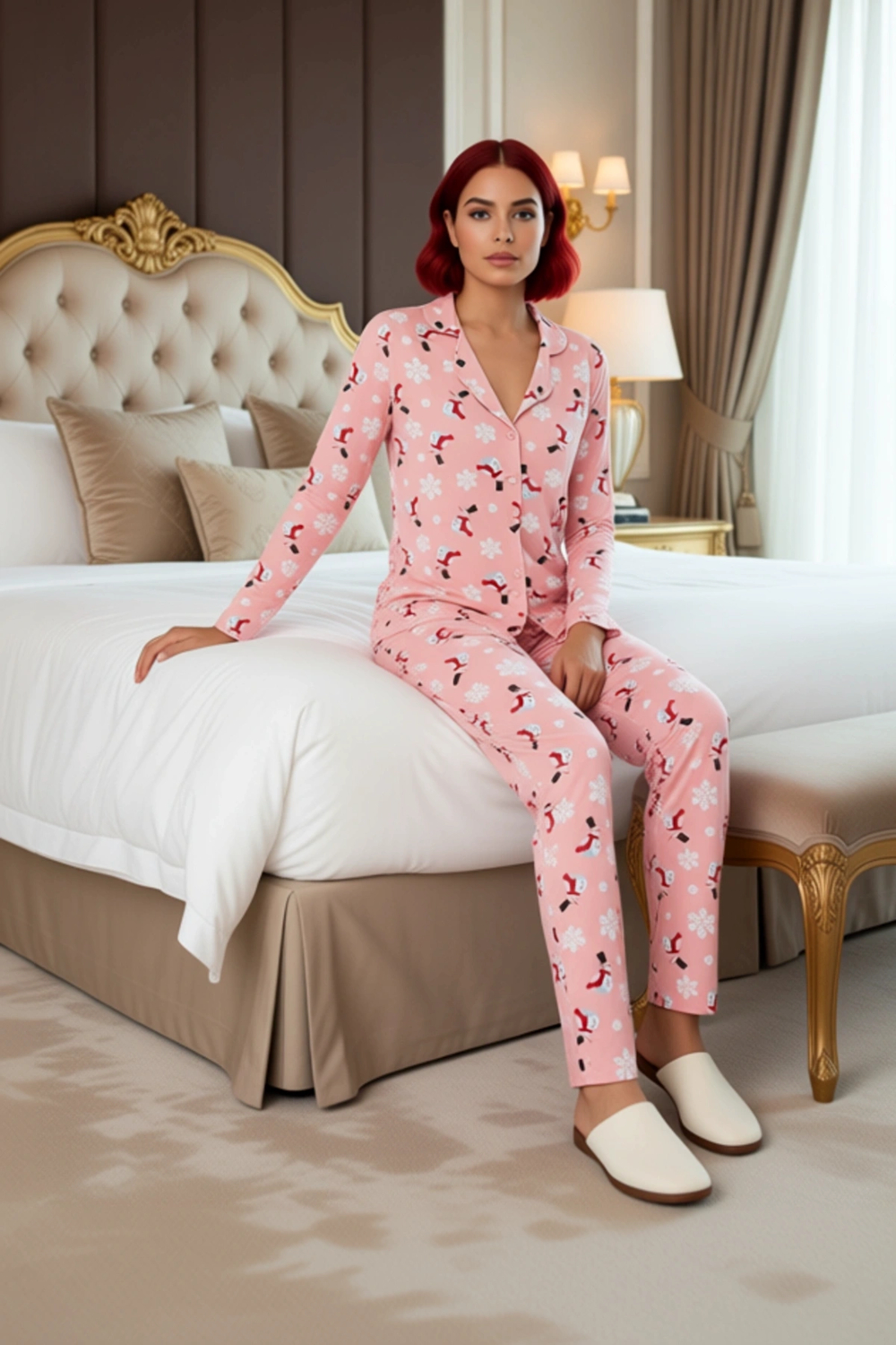 Kadın Kış Temalı Düğmeli Pijama Takımı Uzun Kollu Fonksiyonel Dayanıklı Kaliteli Konforlu Şık