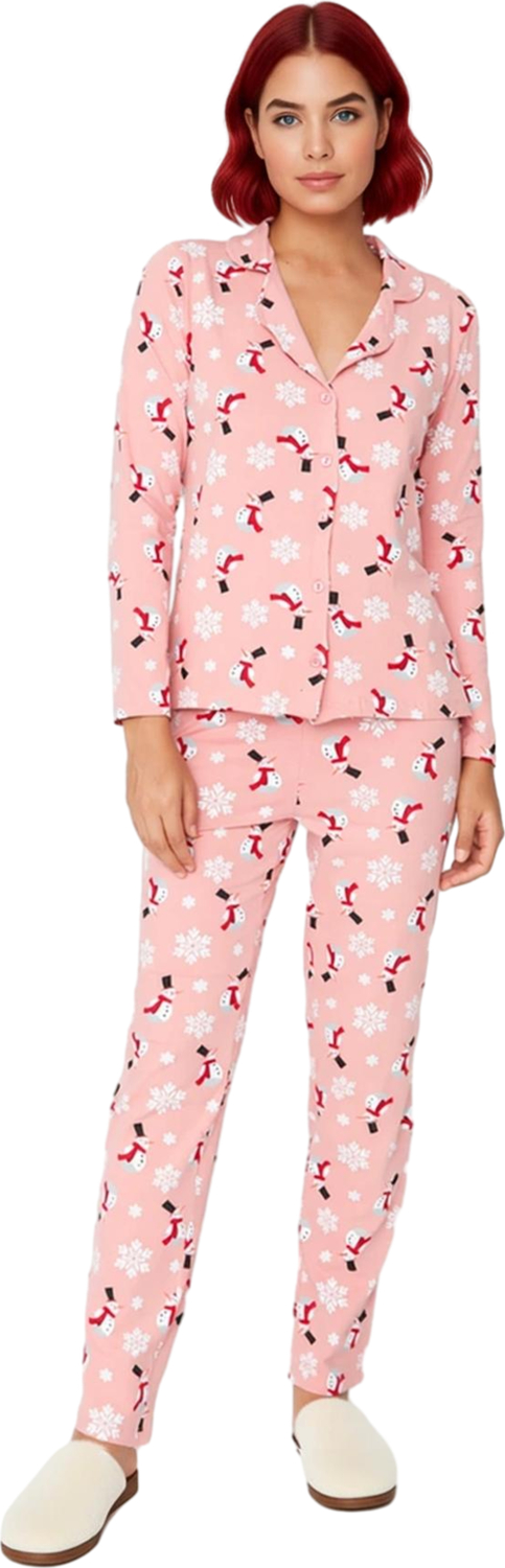 Kadın Kış Temalı Düğmeli Pijama Takımı Uzun Kollu Fonksiyonel Dayanıklı Kaliteli Konforlu Şık