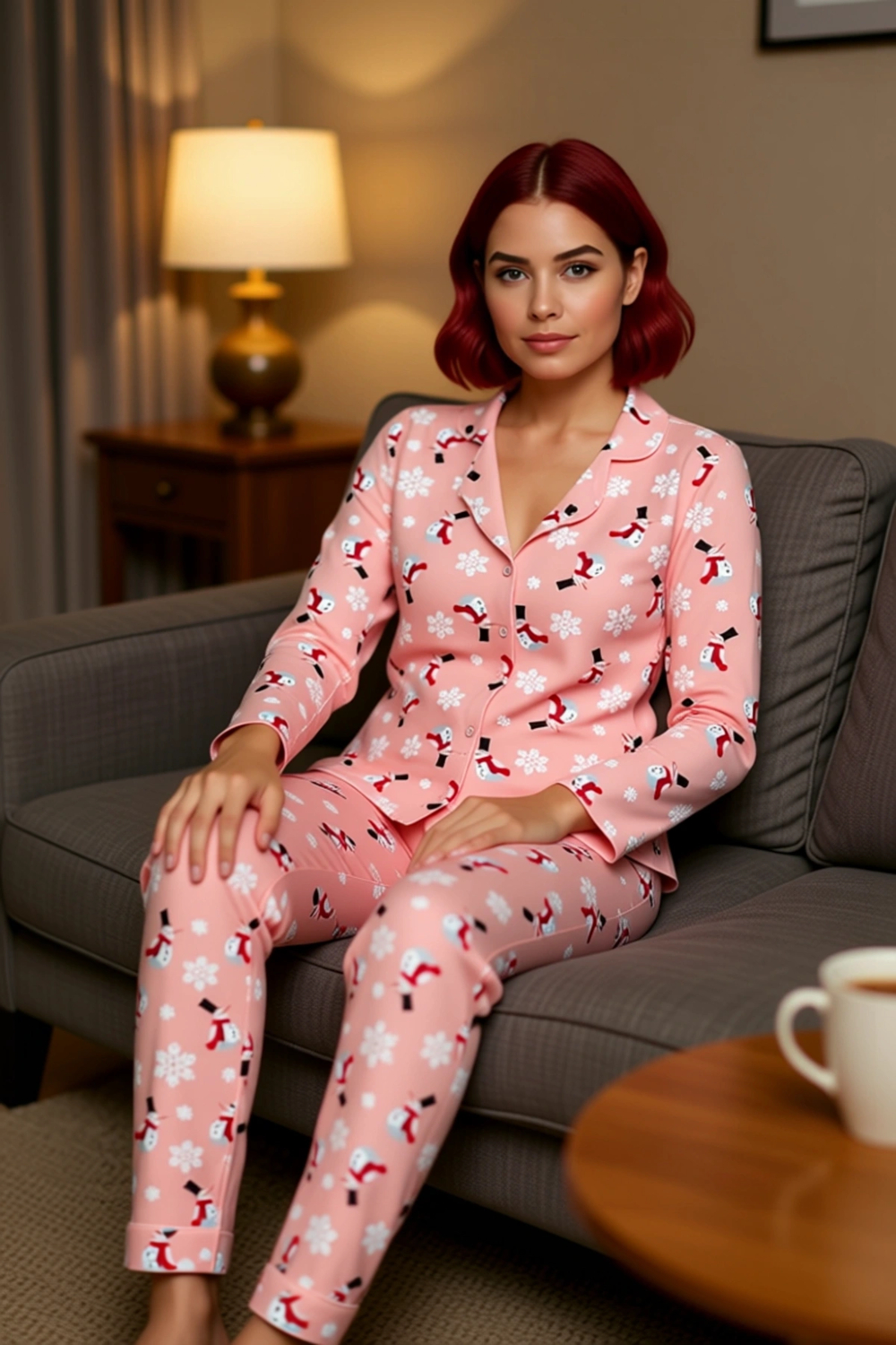 Kadın Kış Temalı Düğmeli Pijama Takımı Uzun Kollu Fonksiyonel Dayanıklı Kaliteli Konforlu Şık